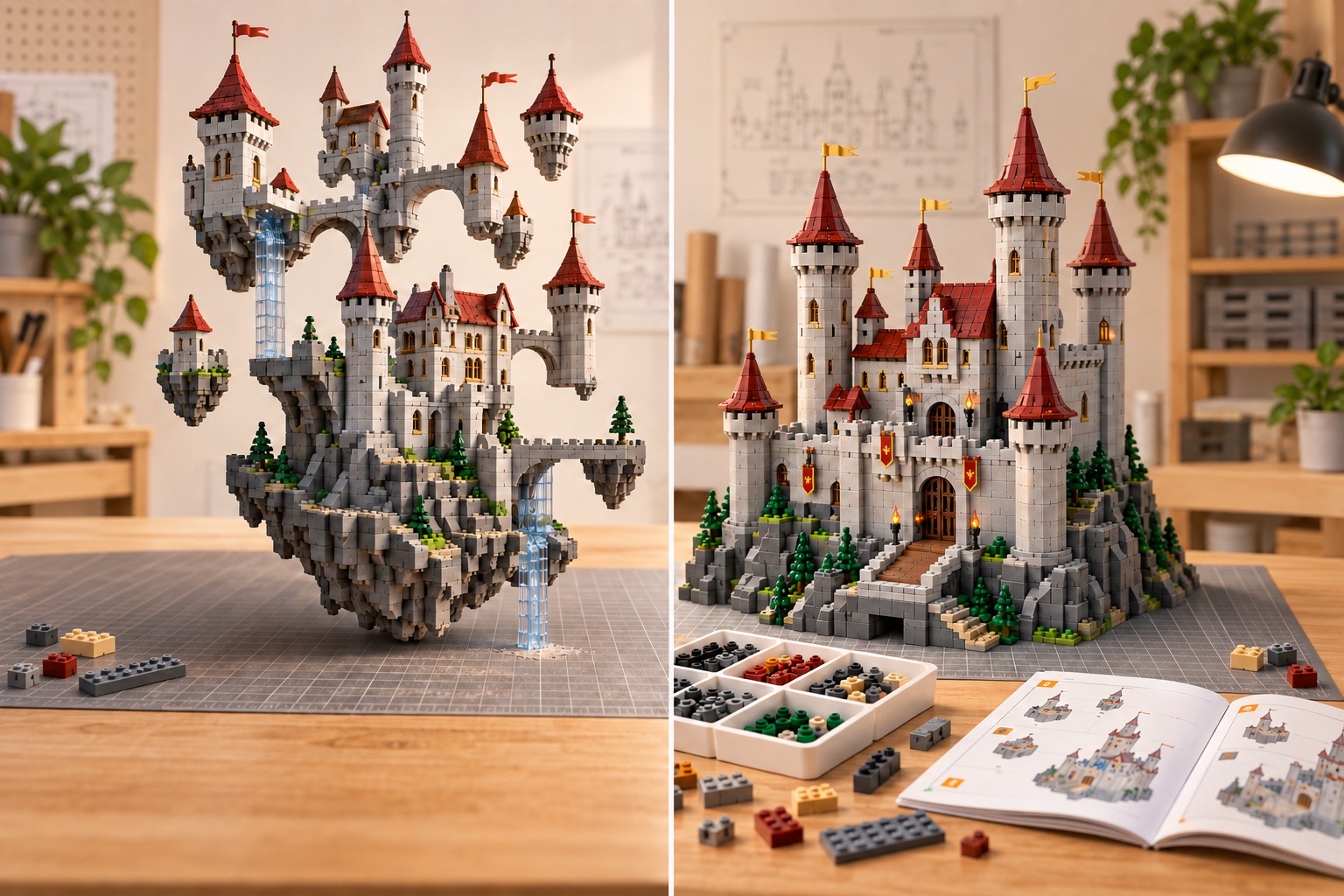 Impossible AI brick castle compared with a stable buildable brick castle