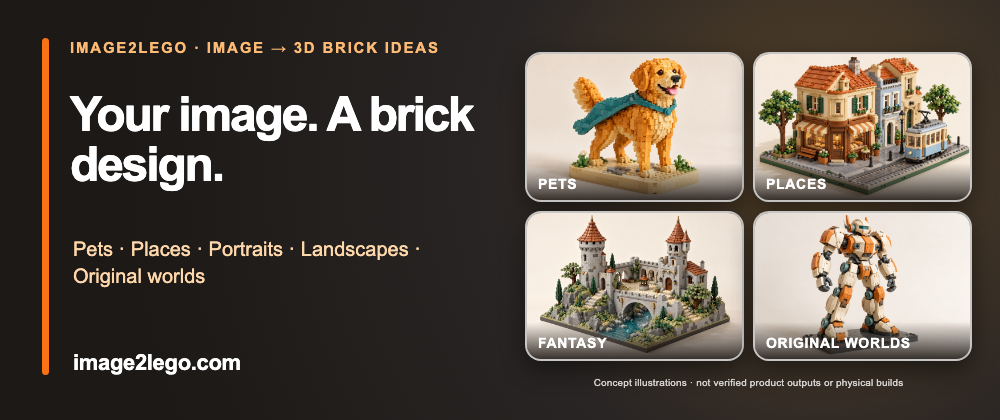 Original concept illustrations of a brick pet, city, castle, and mecha